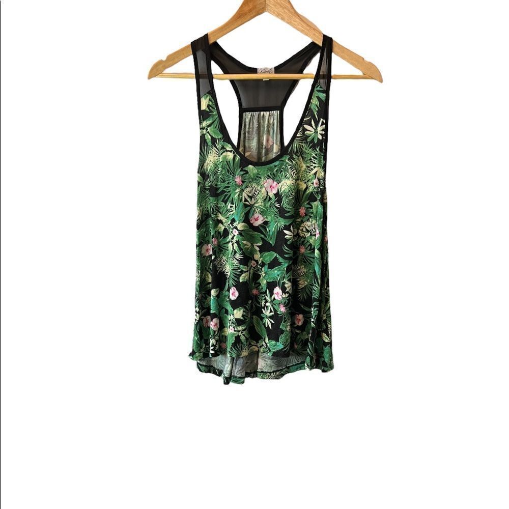 KISMET Green Tropical Print Racerback Mesh Top Loose Fit Tank Top S